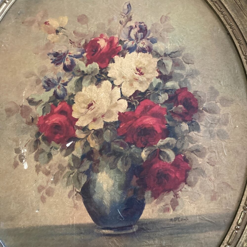 Vintage Still Life Flowers by M. DeCamp in Oval Frame - Picture 2 of 11